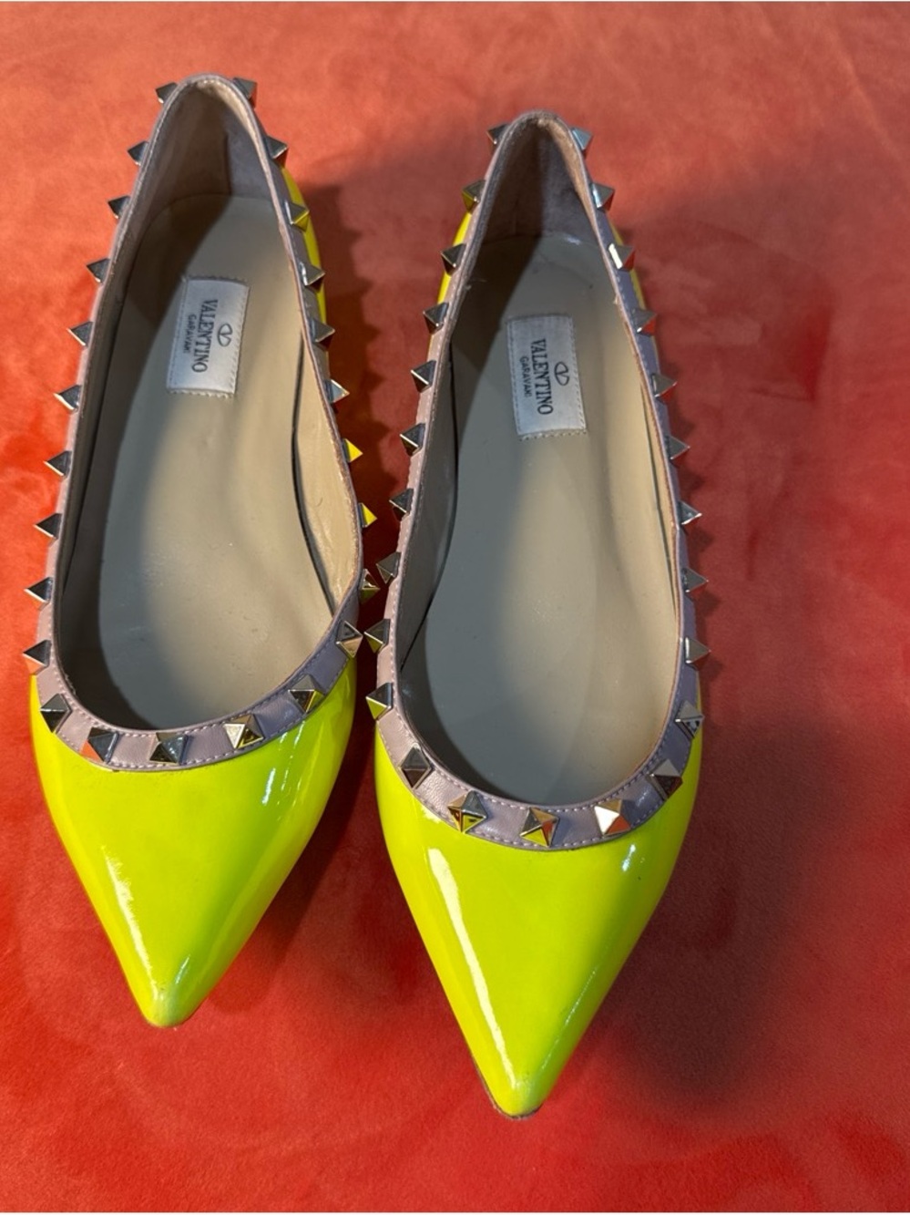 Valentino Garavani Neon Yellow Patent Rockstud Pointed Flats